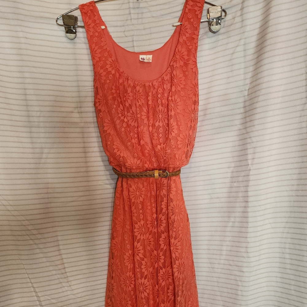 Elegant Coral Short Lace Dress With Lil Brown Belt